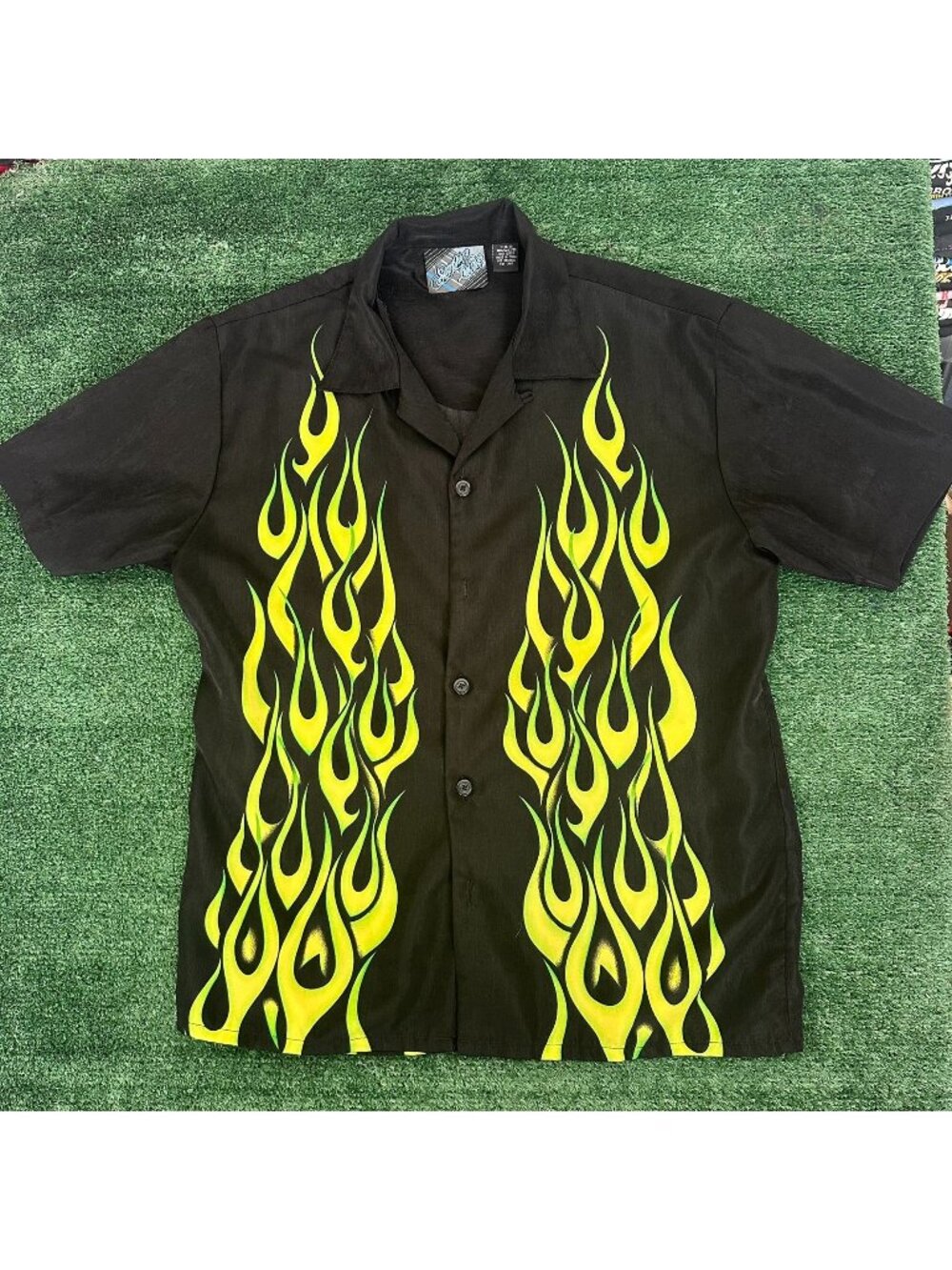 Vintage Y2K Sapphire Lounge Neon Flame Shirt Cyber Goth Skate Black M Bowling